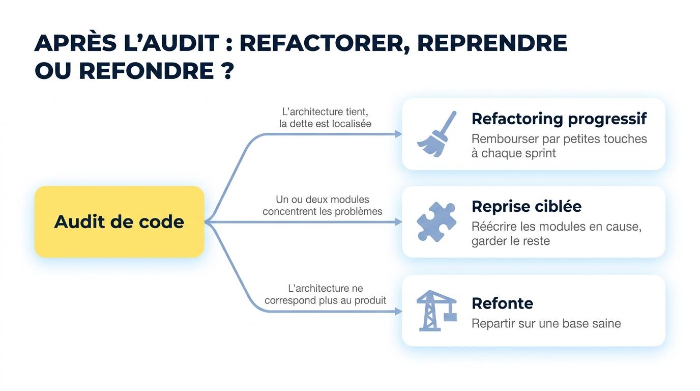 Après un audit de code : refactoring progressif, reprise ciblée ou refonte selon l’état de l’architecture