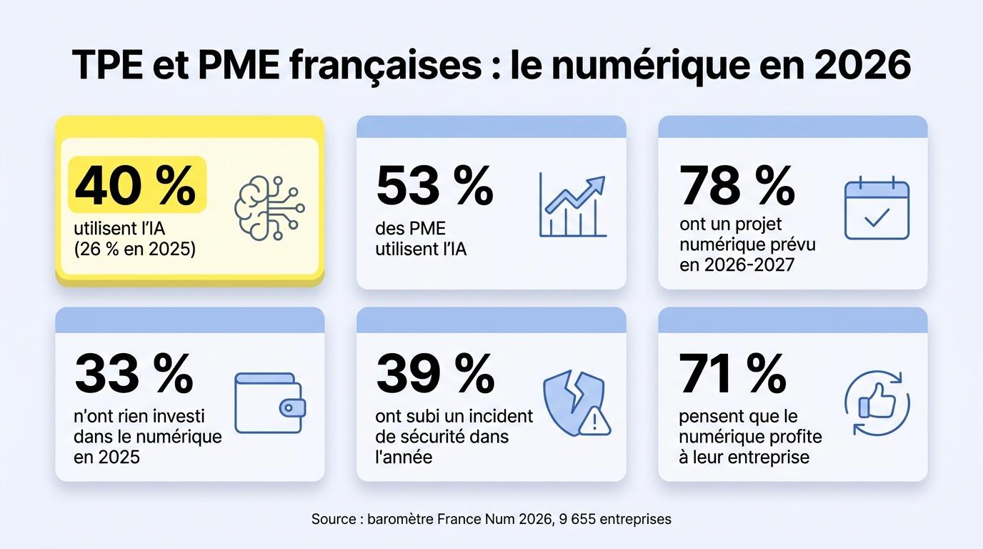 Chiffres clés du baromètre France Num 2026 sur le numérique dans les TPE et PME françaises