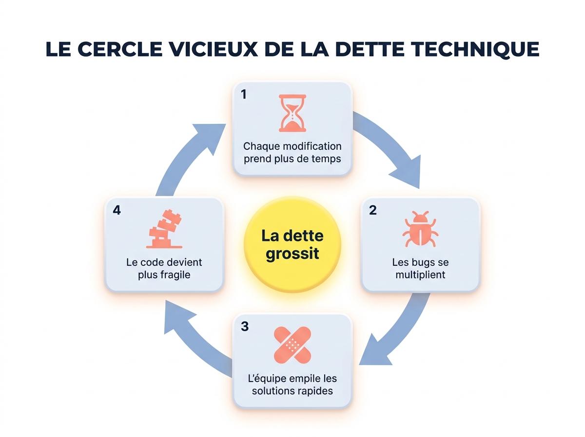 Le cercle vicieux de la dette technique : modifications plus longues, bugs, solutions rapides, code plus fragile
