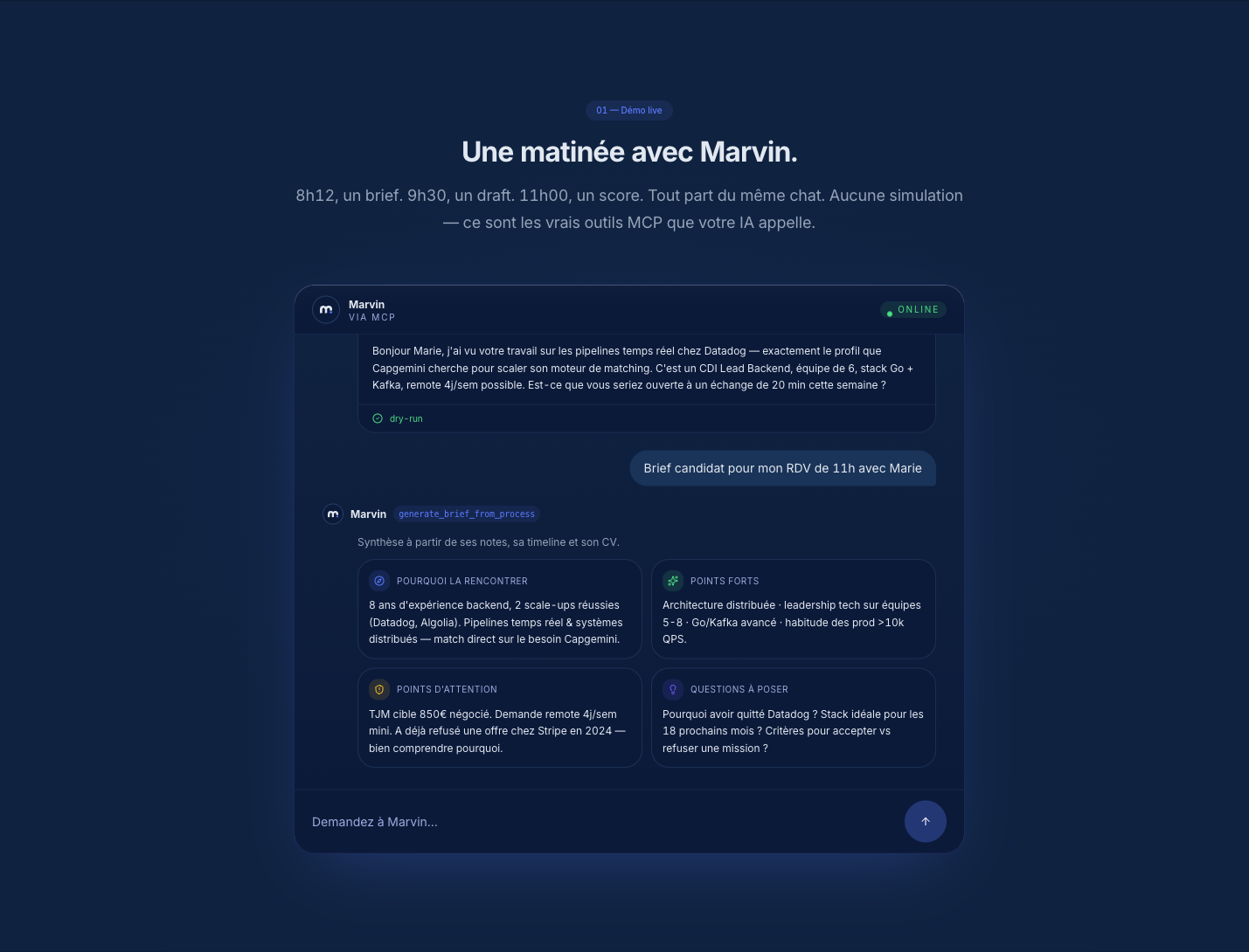 Assistant conversationnel Marvin générant un brief candidat depuis le chat