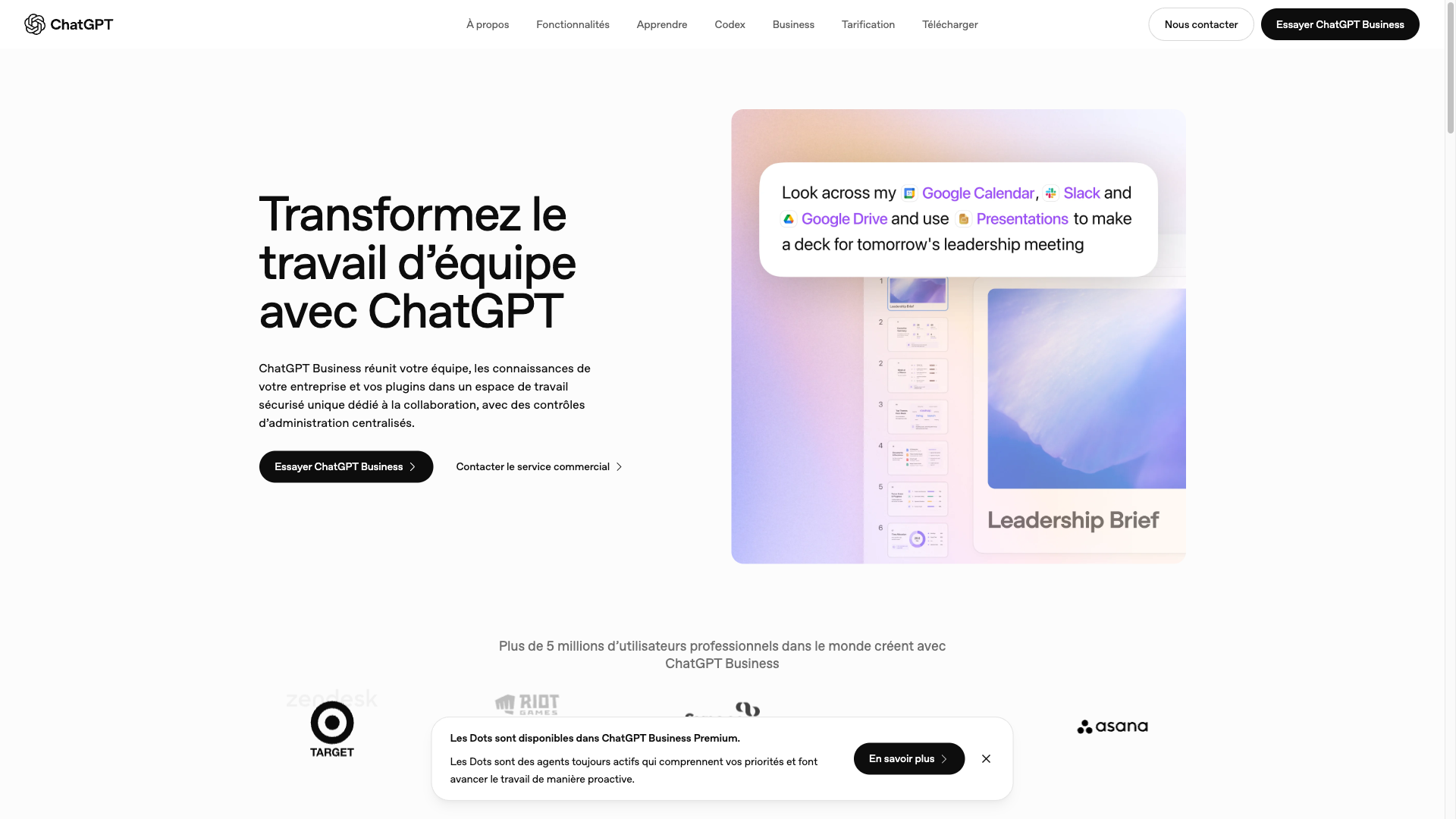 Capture d’écran de la page ChatGPT Business