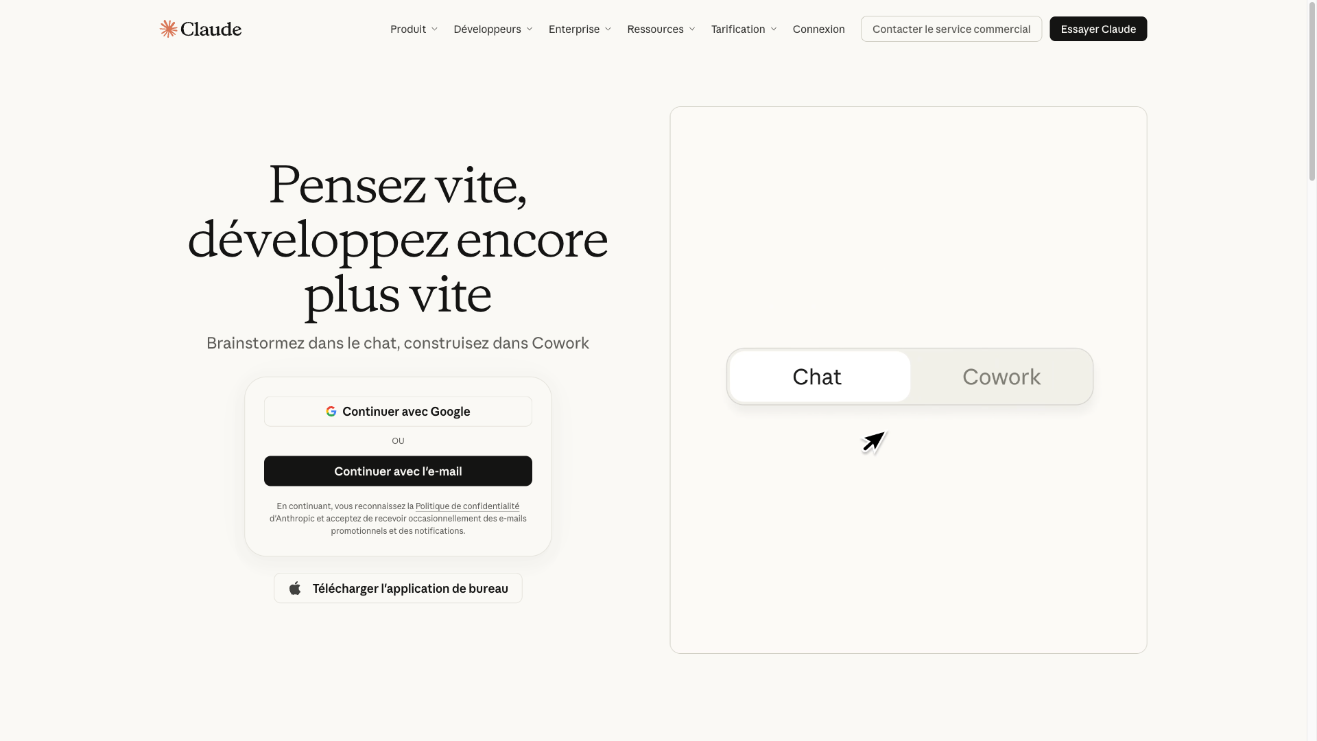 Capture d’écran de la page d’accueil de Claude
