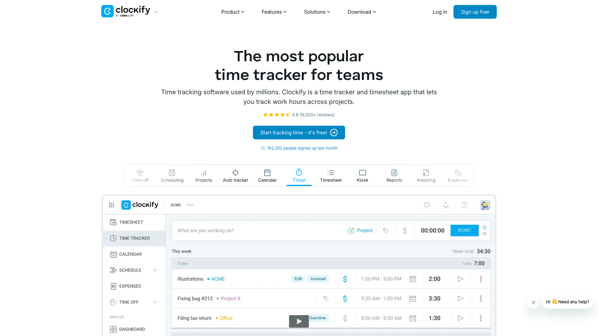 Capture d’écran de la page d’accueil de Clockify