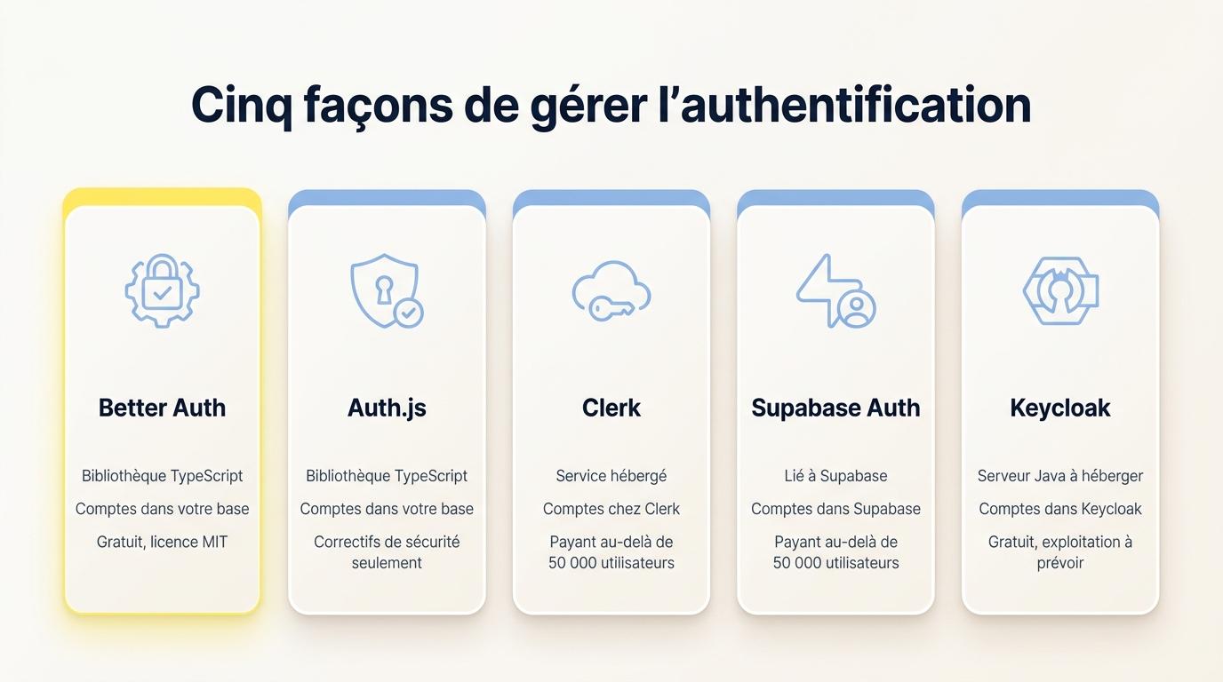 Comparatif de Better Auth, Auth.js, Clerk, Supabase Auth et Keycloak : nature de la solution, lieu de stockage des comptes et coût
