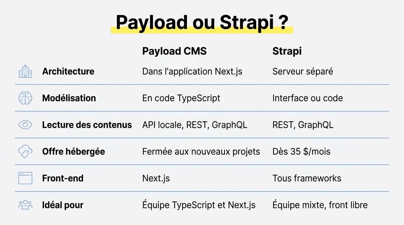 Comparaison de Payload CMS et Strapi : architecture, modélisation, lecture des contenus, offre hébergée, front-end et profil d’équipe