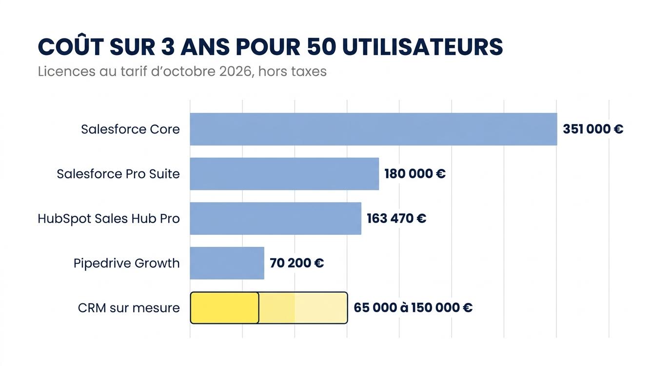 Coût sur trois ans pour 50 utilisateurs : Salesforce Core, Salesforce Pro Suite, HubSpot Pro, Pipedrive Growth et CRM sur mesure