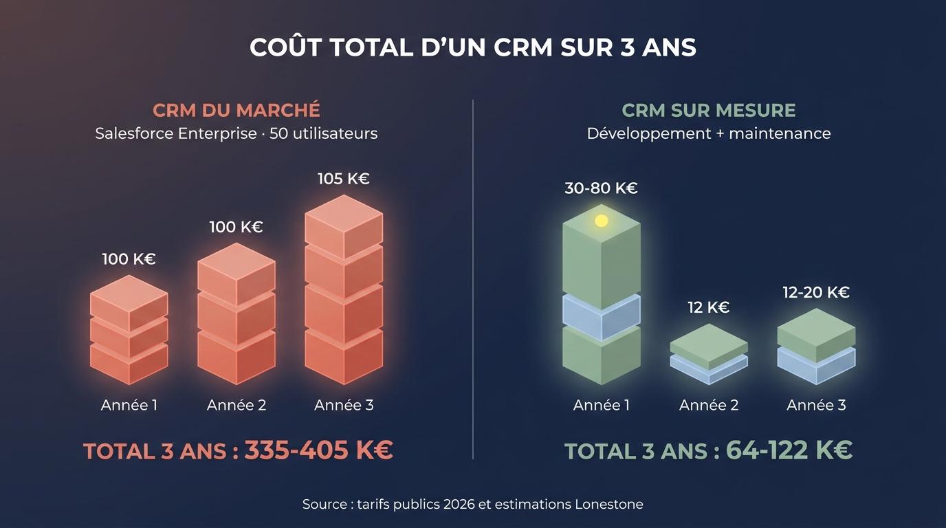Comparaison des coûts CRM du marché vs CRM sur mesure sur 3 ans