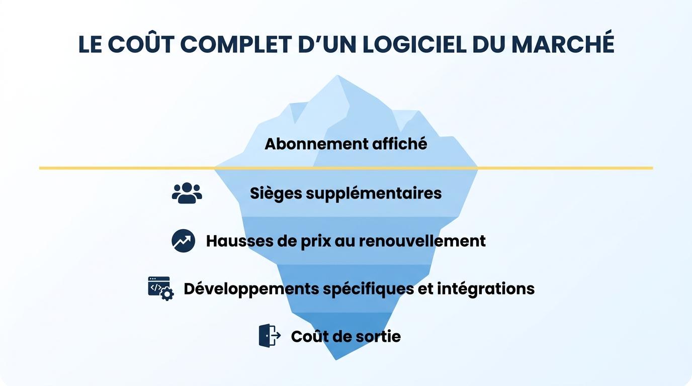 Le coût complet d’un logiciel du marché : l’abonnement, puis les sièges, les hausses, les développements spécifiques et la sortie