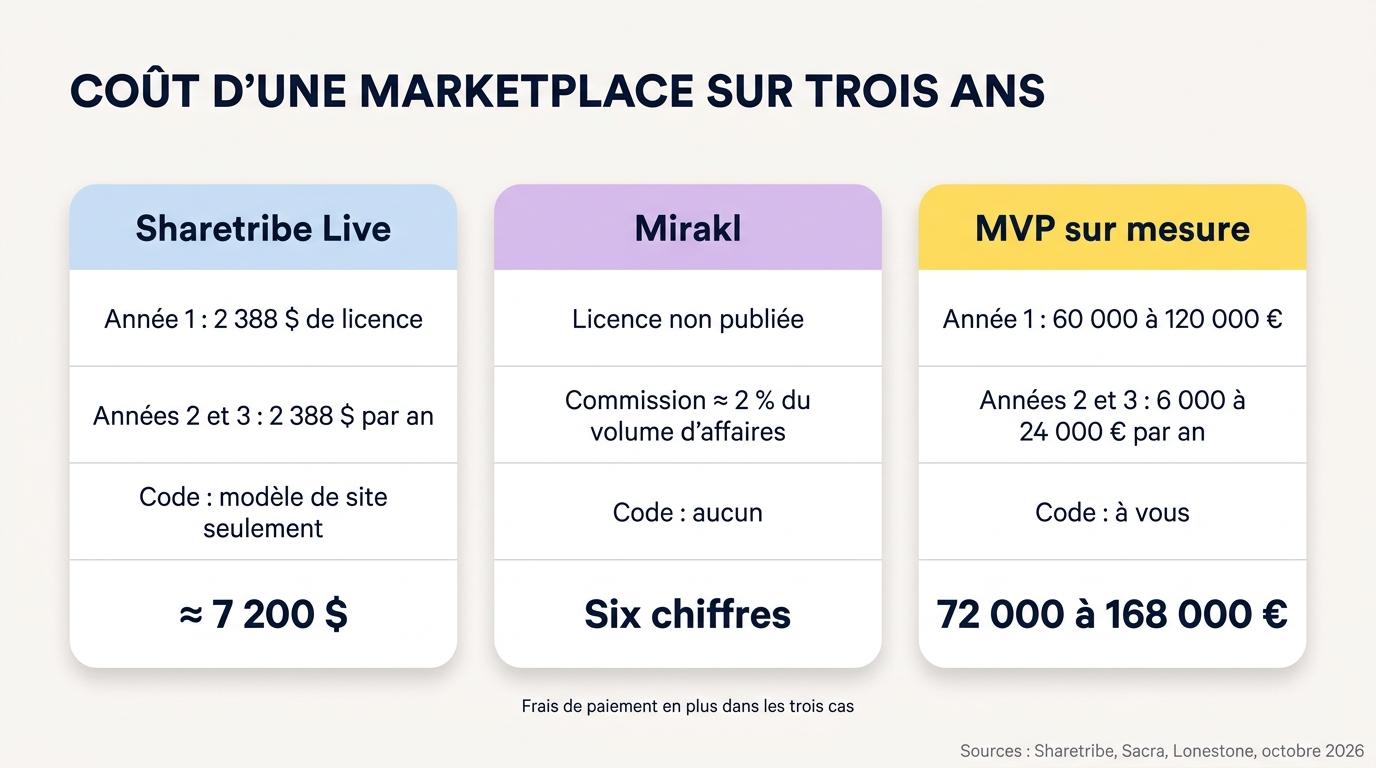 Coût d’une marketplace sur trois ans : environ 7 200 $ sur Sharetribe Live, six chiffres sur Mirakl, 72 000 à 168 000 € pour un MVP sur mesure
