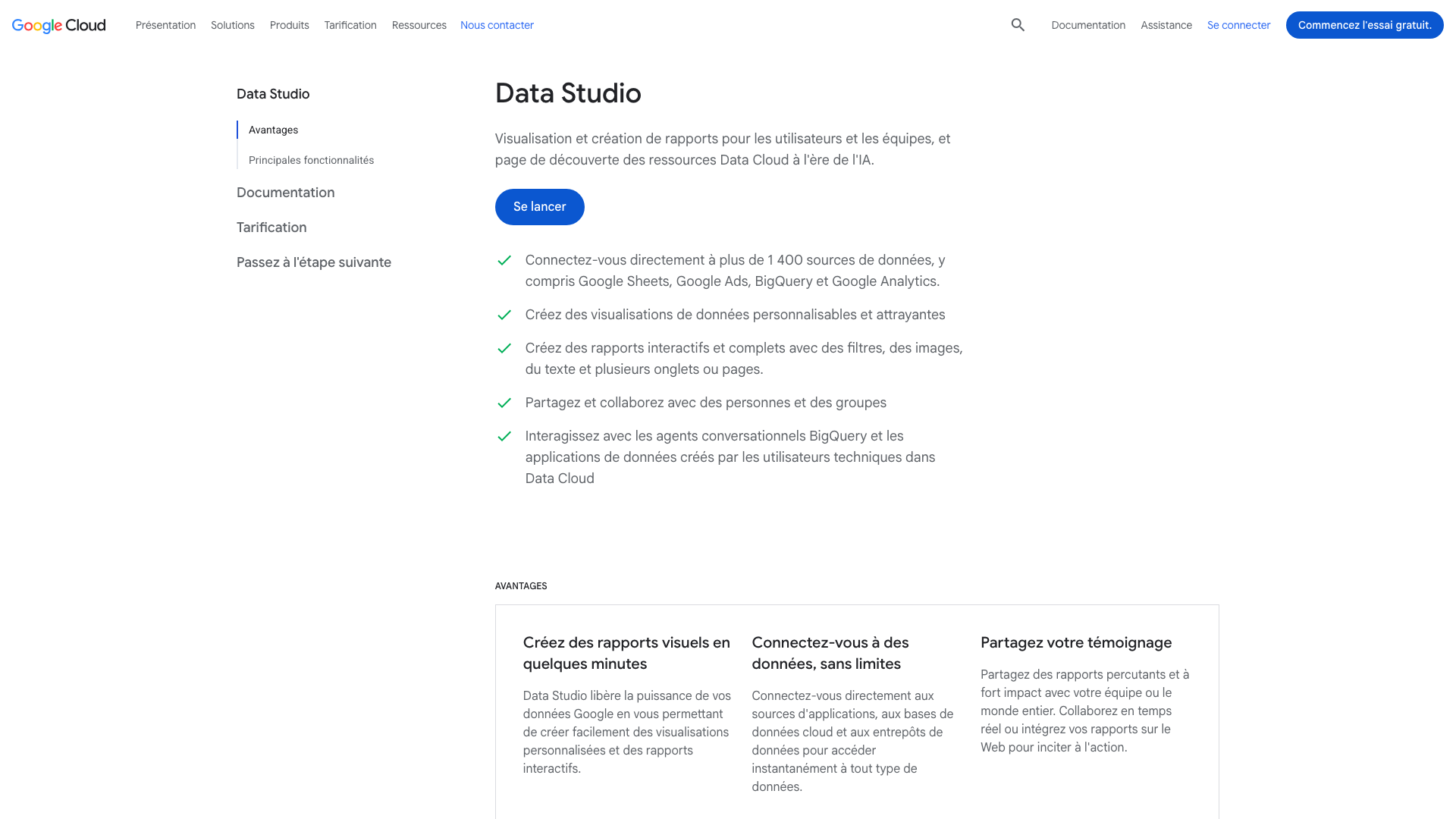 Capture d’écran de la page Data Studio de Google Cloud