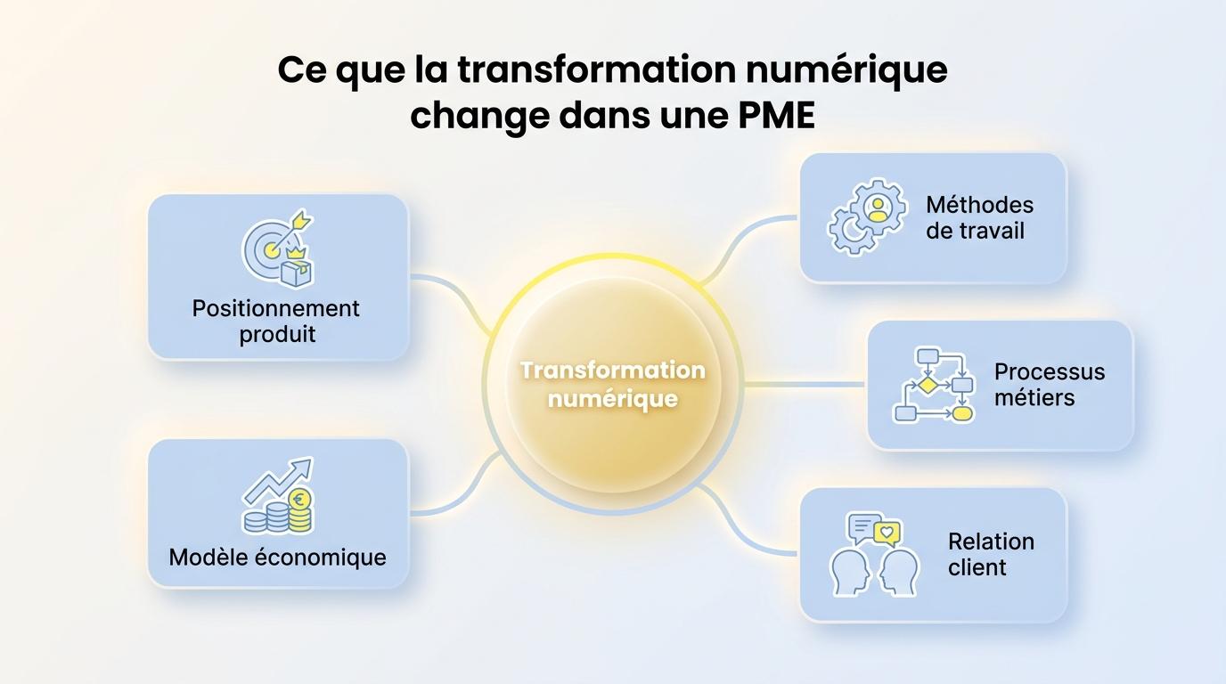 Les 5 dimensions qu’une transformation numérique change dans une PME, des méthodes de travail au modèle économique