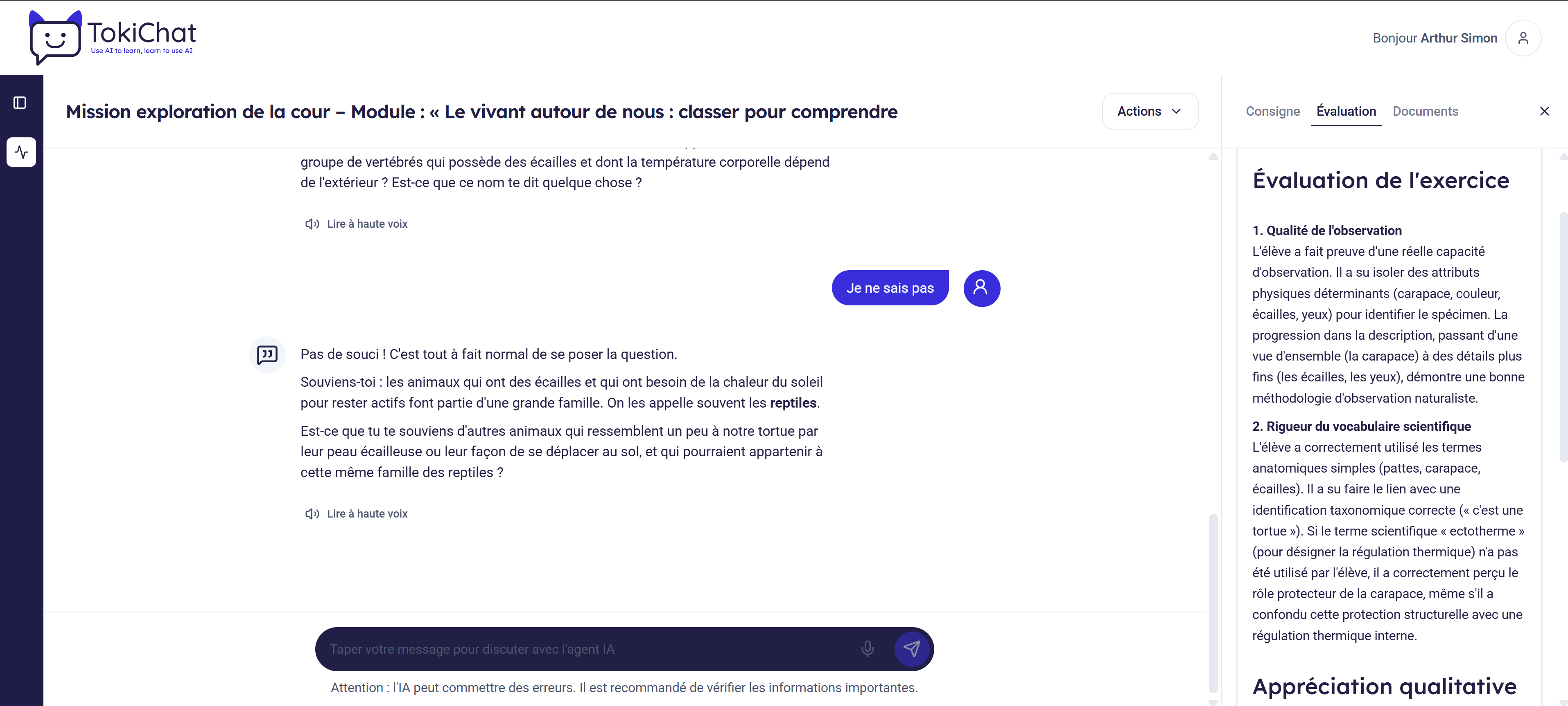 Échange entre l'élève et l'IA avec son évaluation