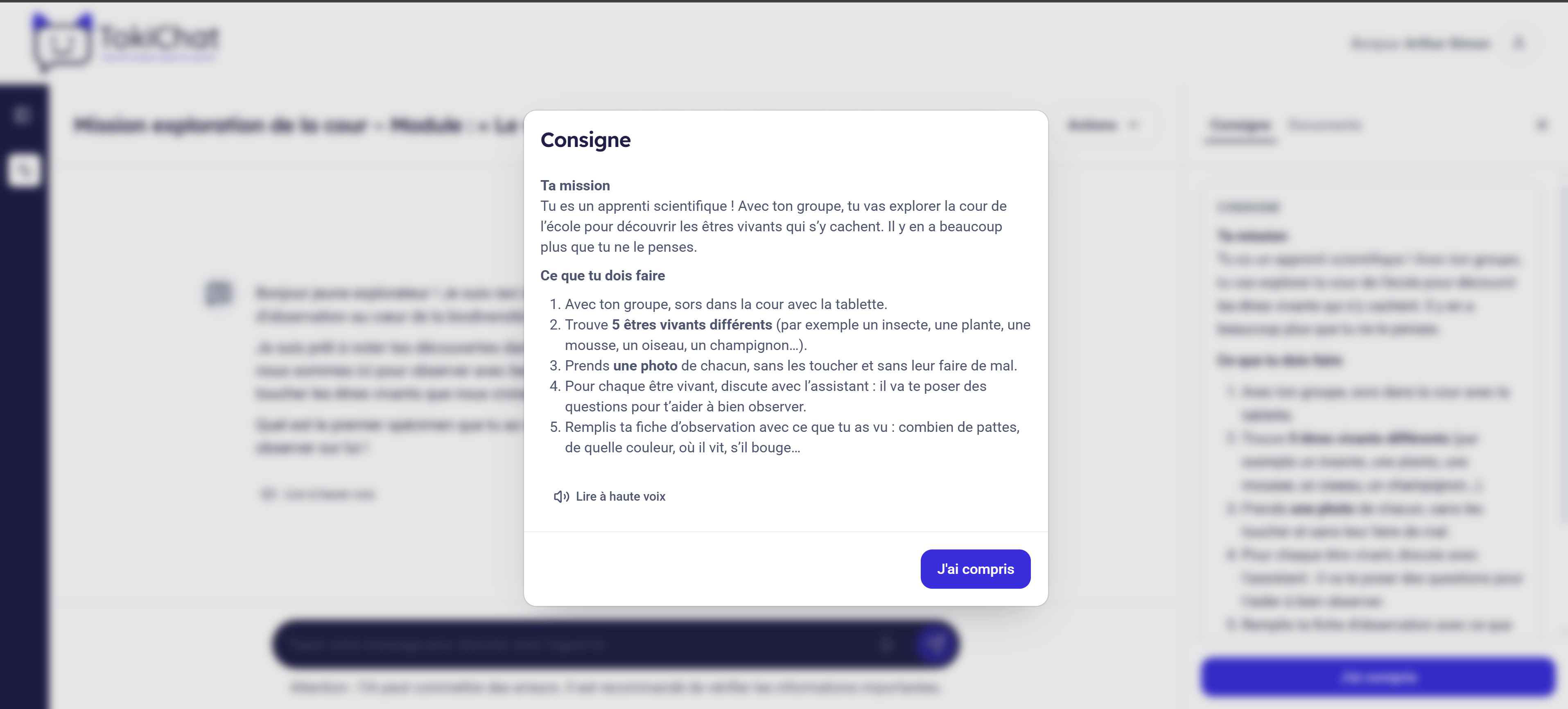 Consigne de l'activité affichée à l'élève