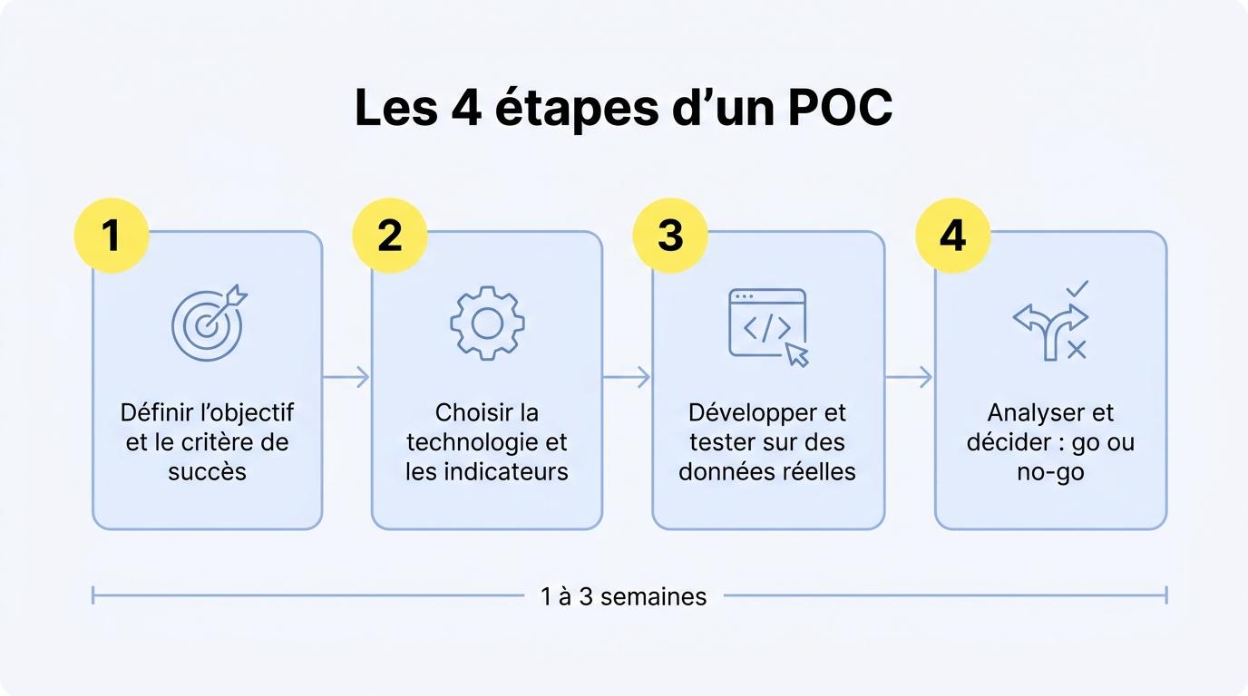 Les 4 étapes d’un POC : définir l’objectif, choisir la technologie, développer et tester, puis décider go ou no-go
