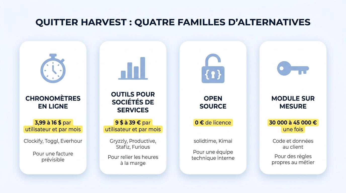Les quatre familles d’alternatives à Harvest : chronomètres en ligne, outils pour sociétés de services, open source et module sur mesure