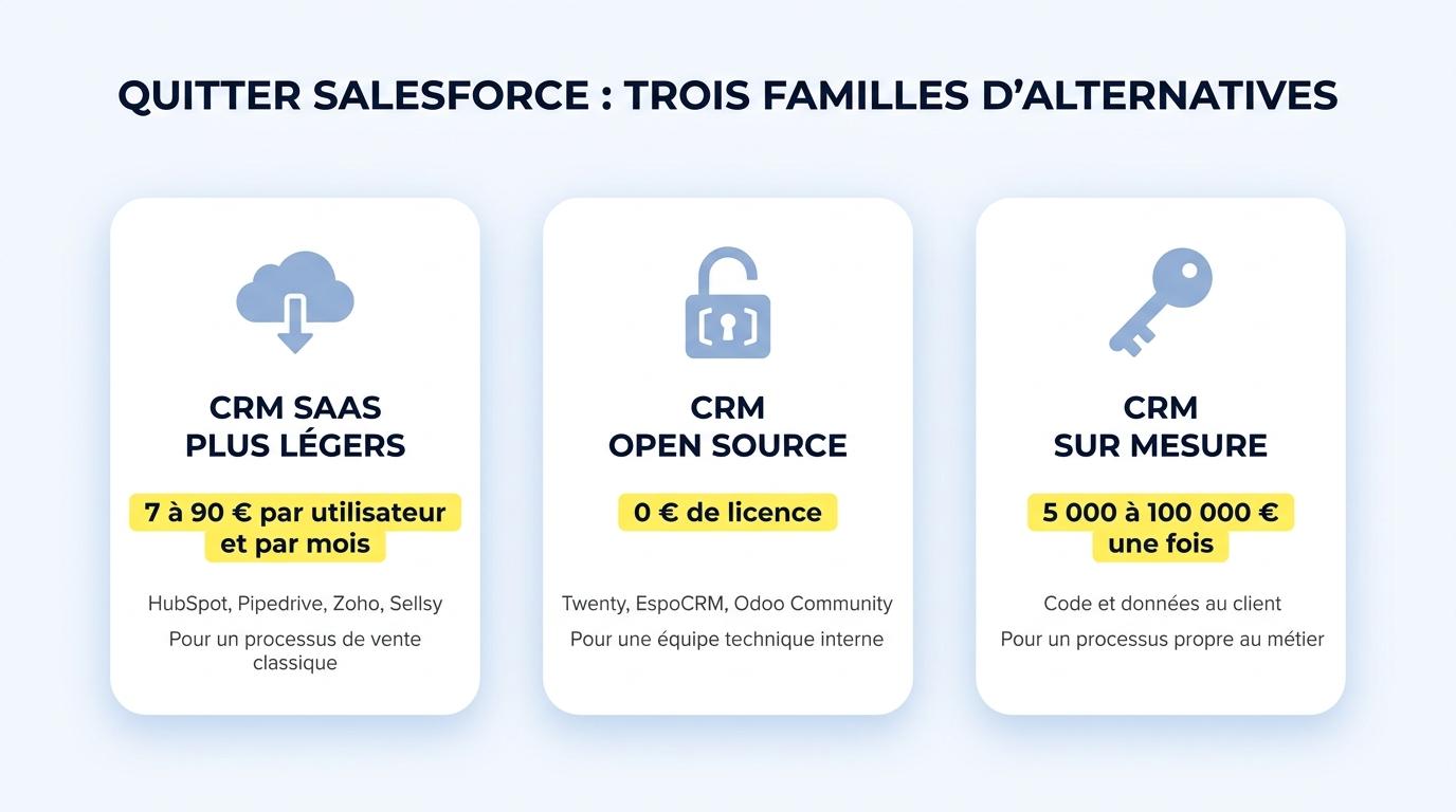 Les trois familles d’alternatives à Salesforce : CRM SaaS plus légers, CRM open source et CRM sur mesure