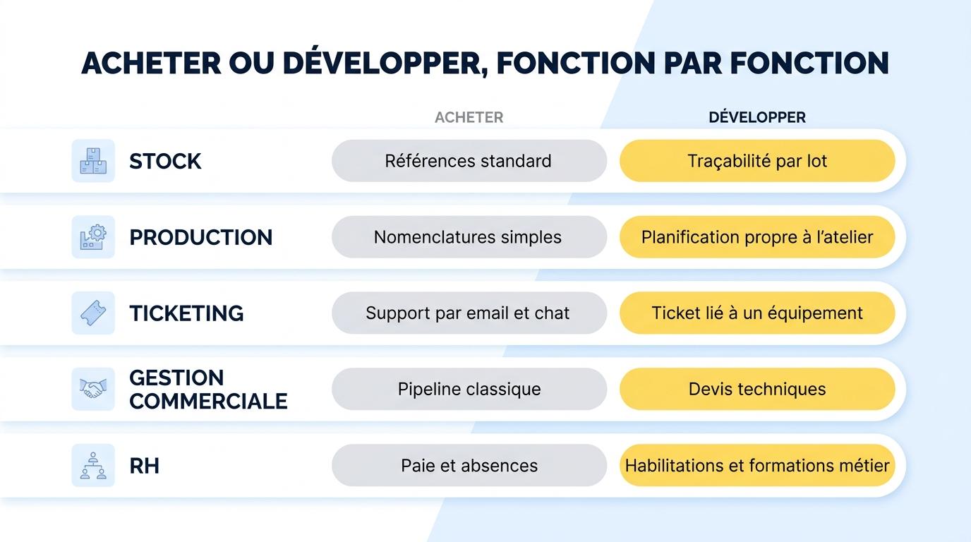 Acheter ou développer, fonction par fonction : stock, production, ticketing, gestion commerciale et RH