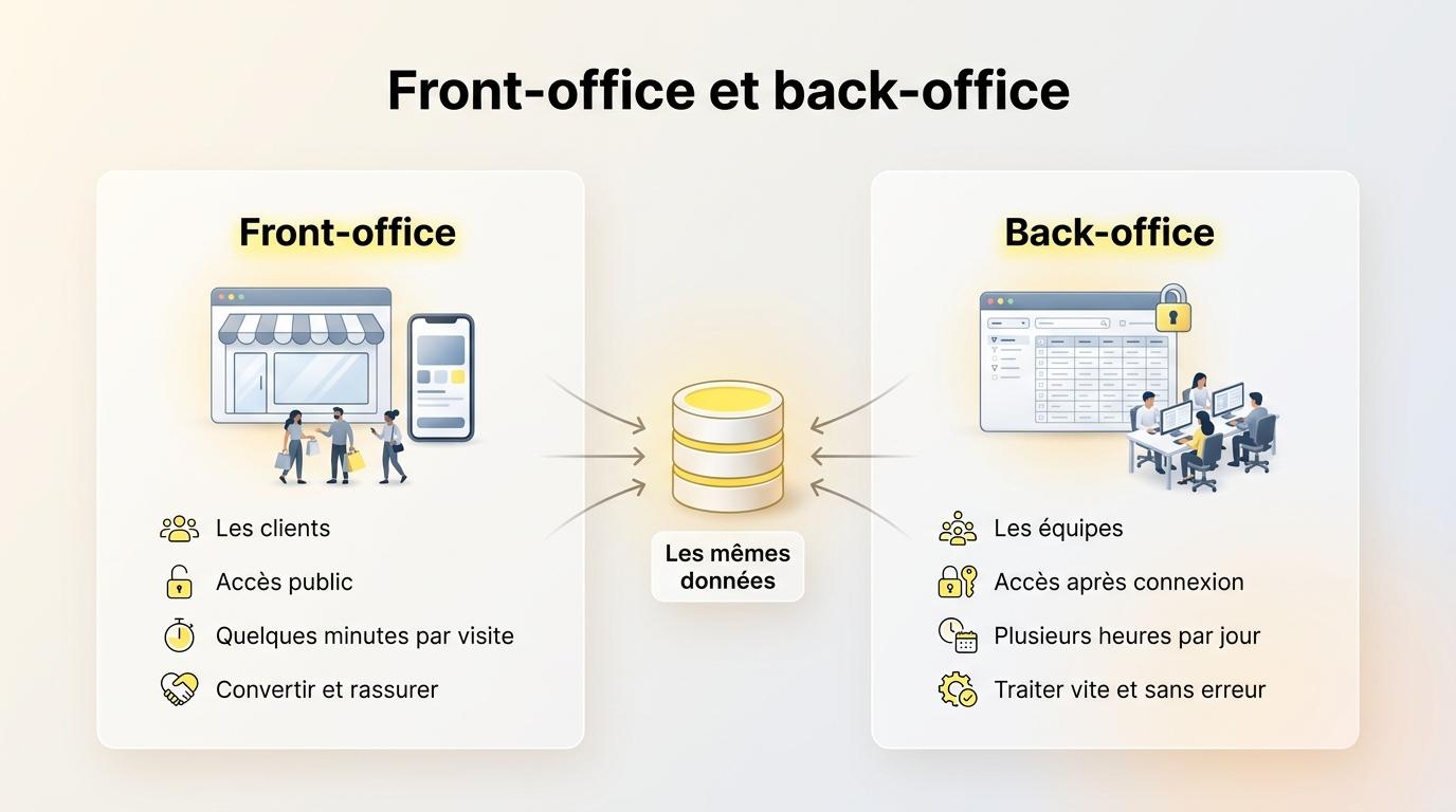 Comparatif entre le front-office, utilisé par les clients, et le back-office, utilisé par les équipes, autour des mêmes données