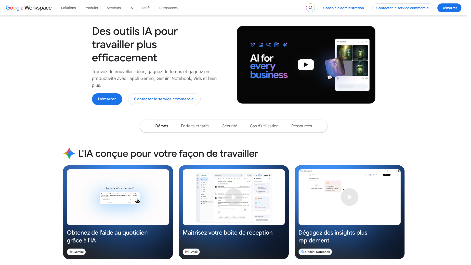 Capture d’écran de la page IA de Google Workspace