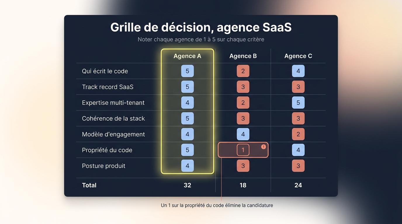Grille de décision pondérée pour comparer trois agences SaaS sur sept critères