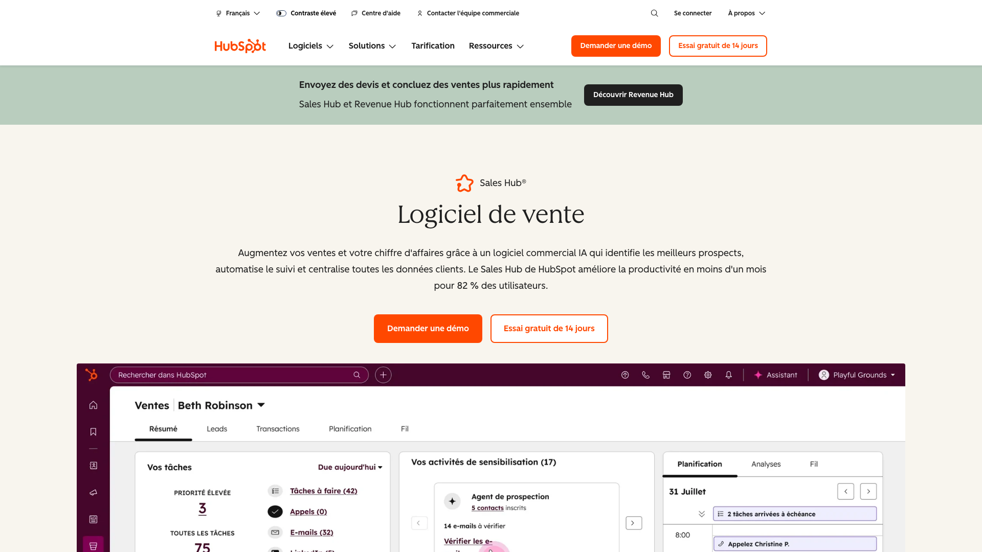 Capture d'écran de la page Sales Hub de HubSpot