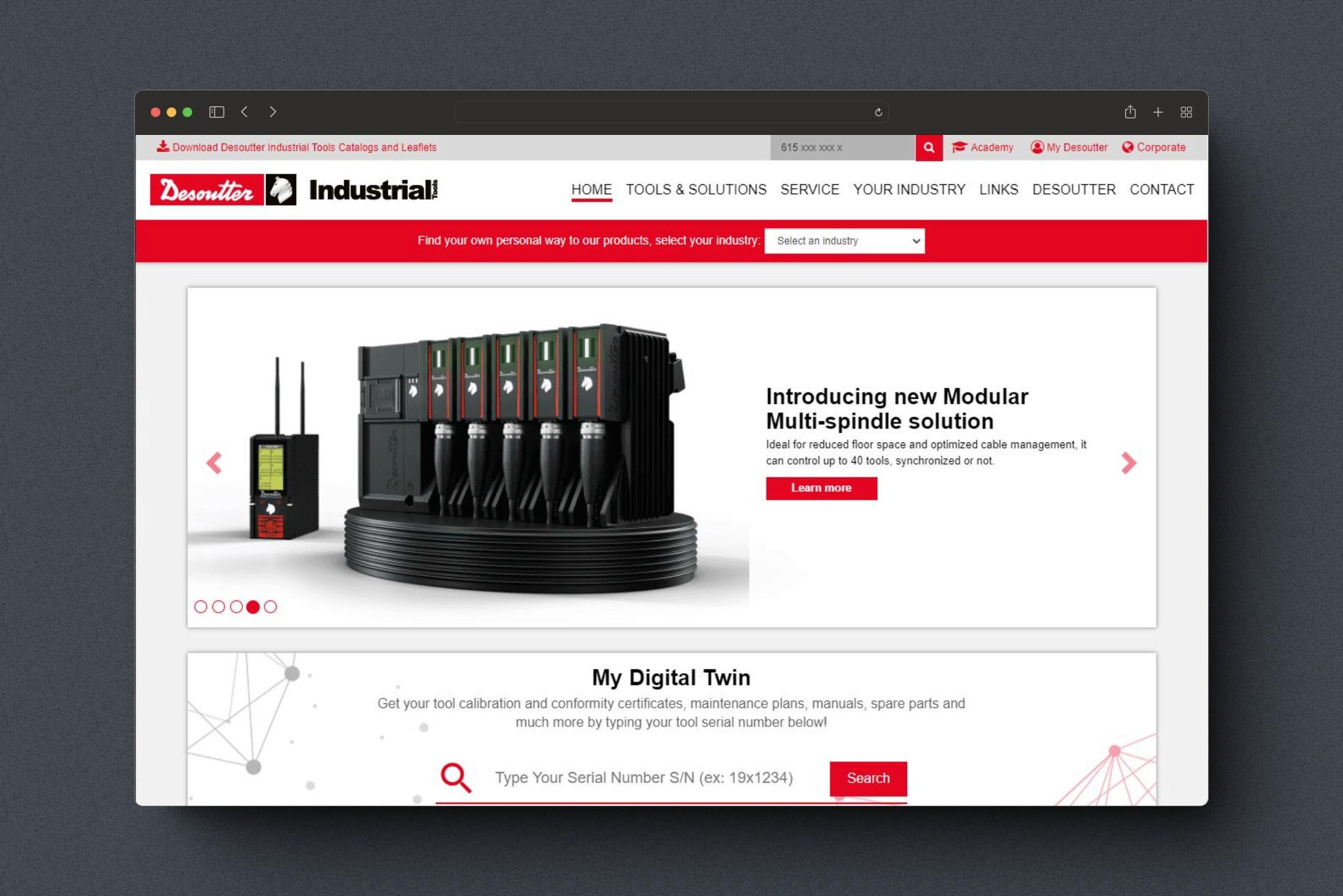 L’ancien site Desoutter Industrial Tools affichait un carrousel produit et une recherche d’outil par numéro de série