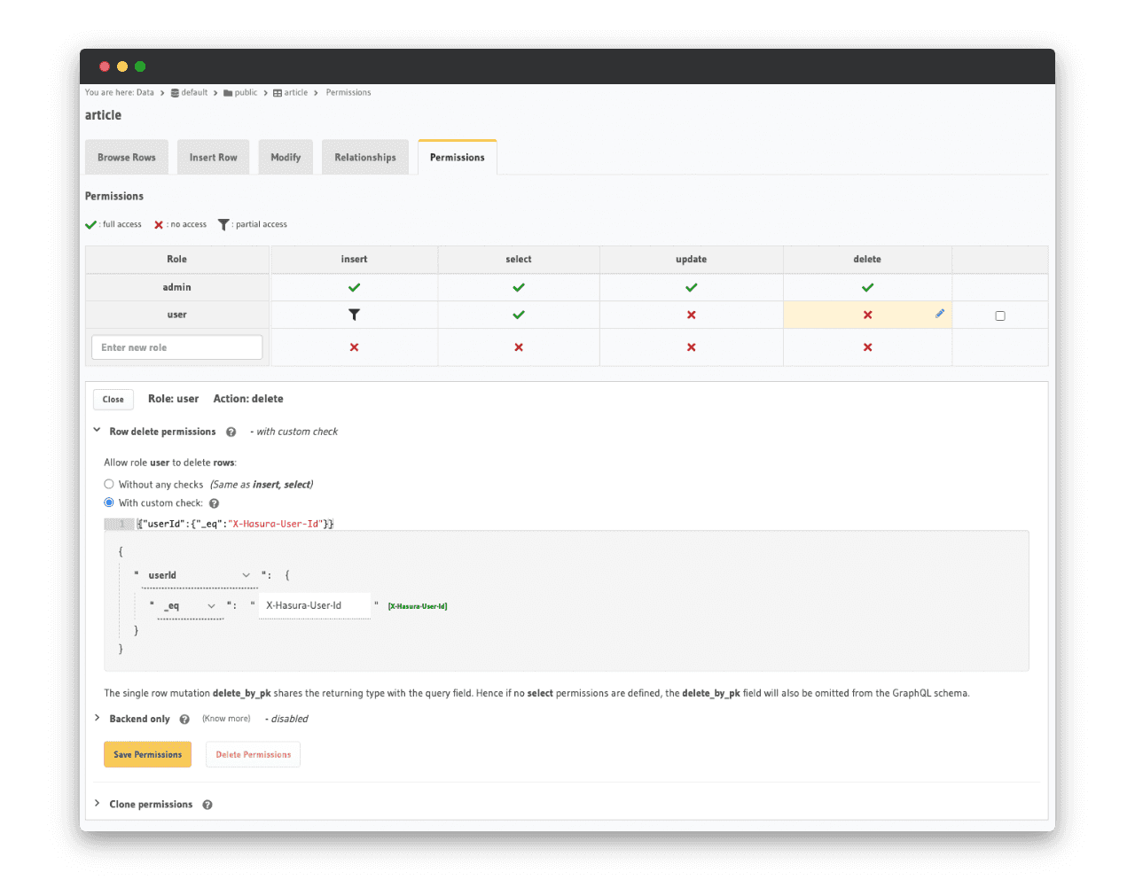 Autorisations avec custom check