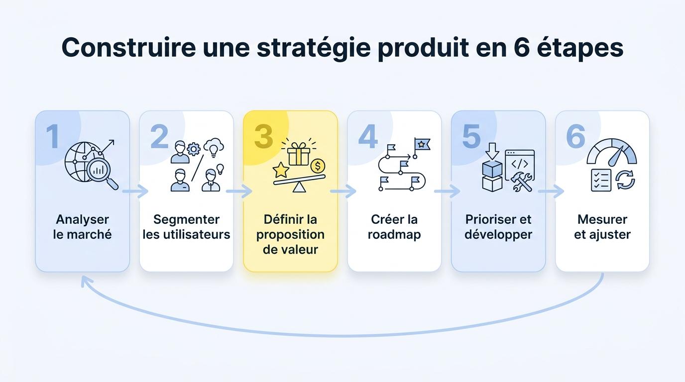 Les 6 étapes pour construire une stratégie produit, de l’analyse du marché à la mesure des KPI