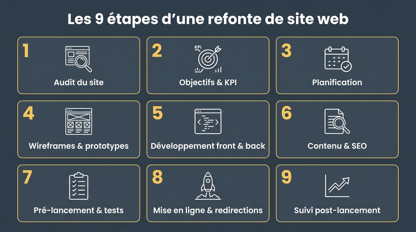 Infographie des 9 étapes d'une refonte de site web