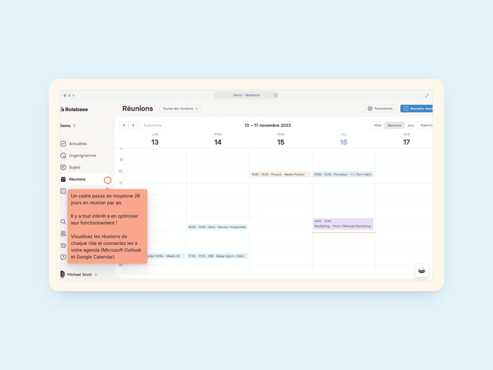 Agenda de la semaine dans Rolebase, où une info-bulle explique comment connecter Outlook et Google Calendar