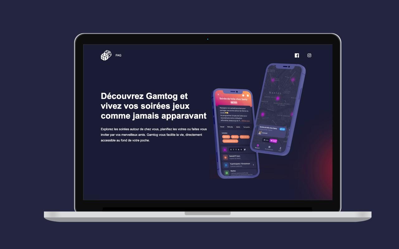 Page d’accueil du site Gamtog sur ordinateur portable, où deux smartphones montrent une soirée jeux et la carte de Nantes