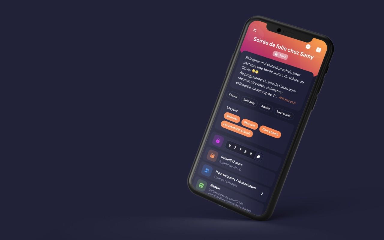 La fiche d’une soirée jeux privée dans l’app Gamtog liste les jeux prévus, la date, les 11 participants et la ville