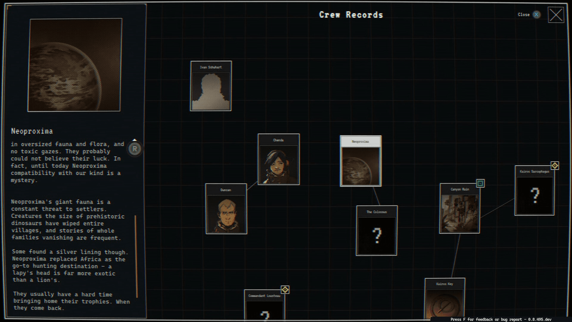 L’écran Crew Records de Neoproxima relie personnages, lieux et indices sur une grille, à droite de la fiche de la planète