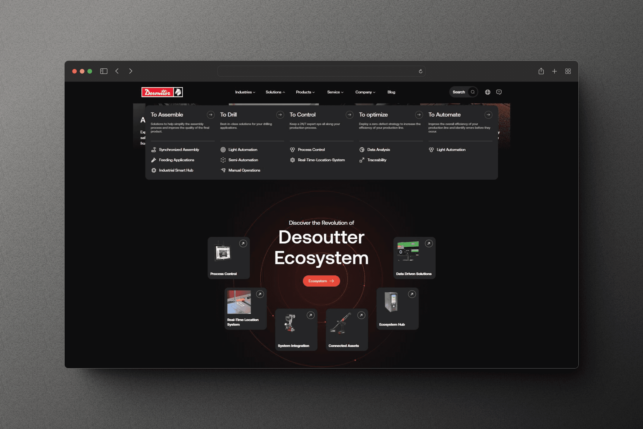 Menu Solutions Desoutter par usage (assembler, percer, contrôler, optimiser, automatiser), déroulé sur le bloc Ecosystem