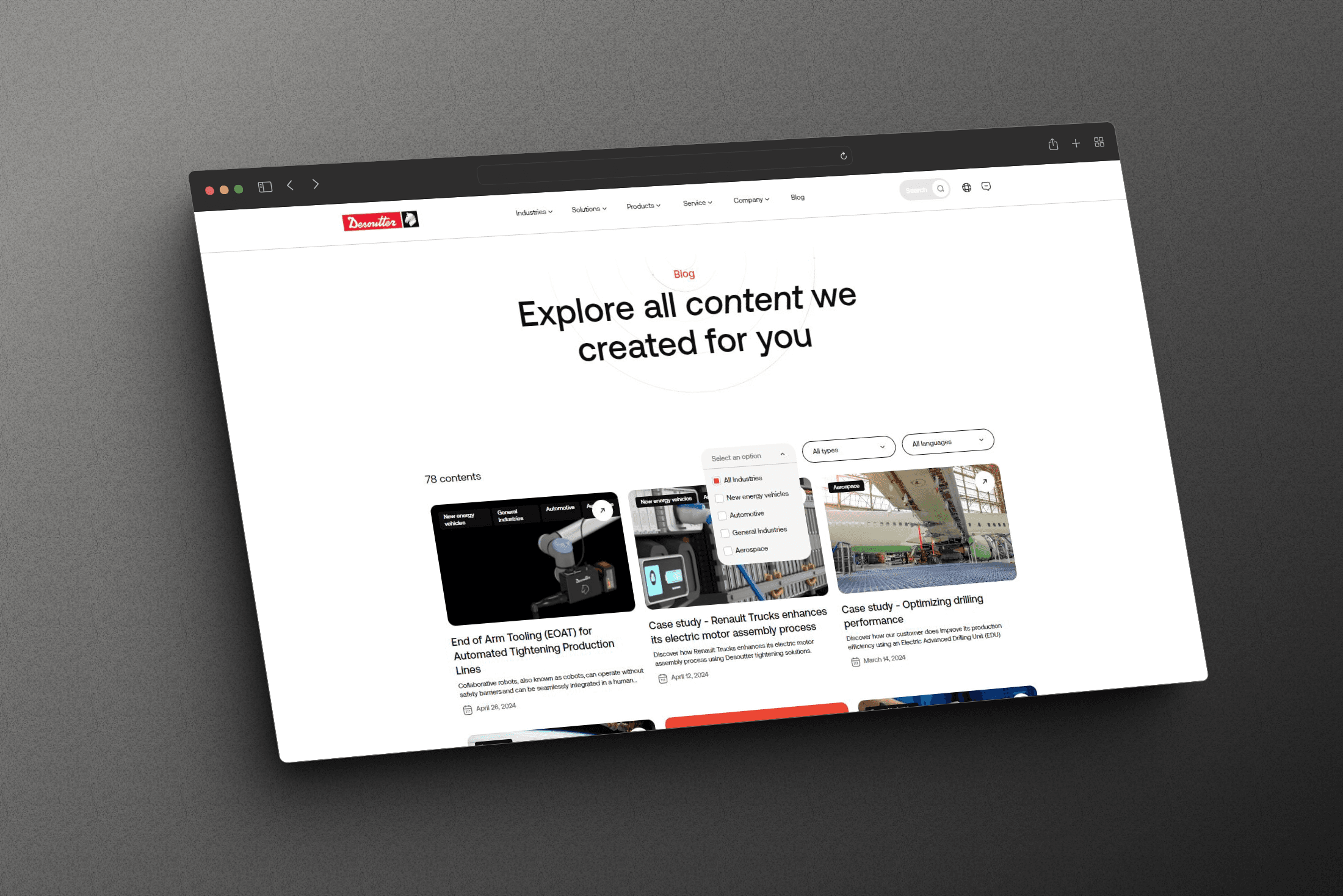 Le blog Desoutter compte 78 contenus, que le lecteur filtre par industrie, par type ou par langue