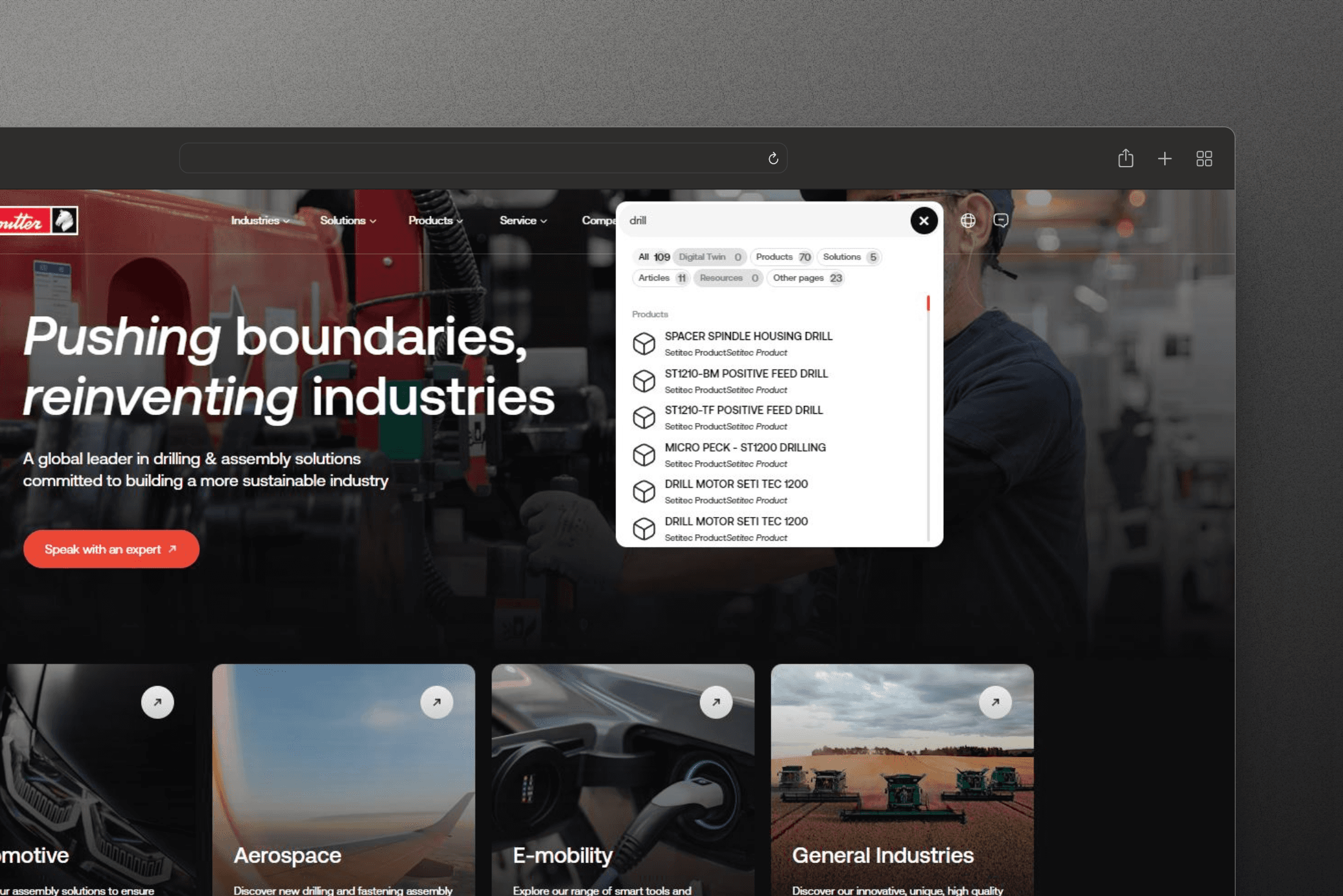 La recherche du site Desoutter propose des perceuses dès la saisie de « drill » et compte les résultats par type de contenu