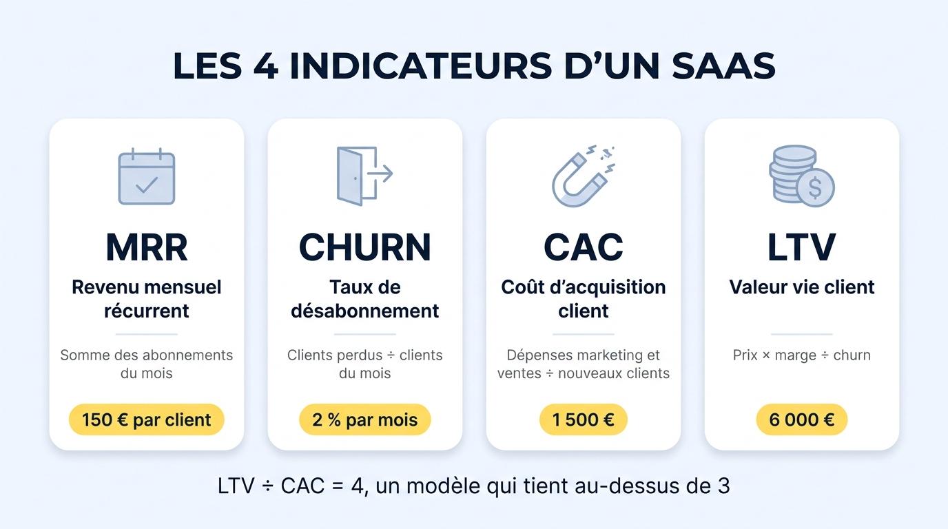 Les quatre indicateurs d’un SaaS, MRR, churn, CAC et LTV, avec leur formule et un exemple chiffré