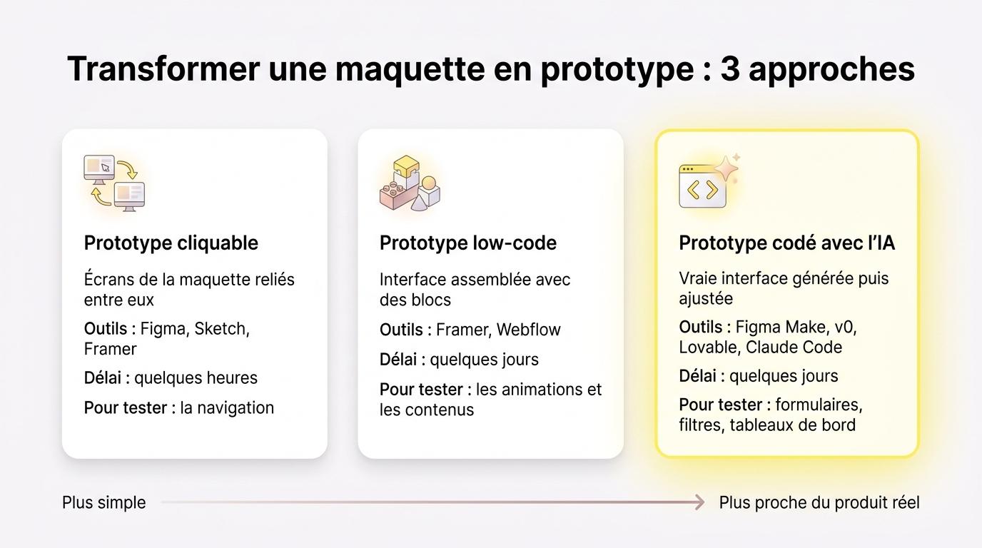 Trois approches pour transformer une maquette en prototype : cliquable, low-code ou codé avec l'IA