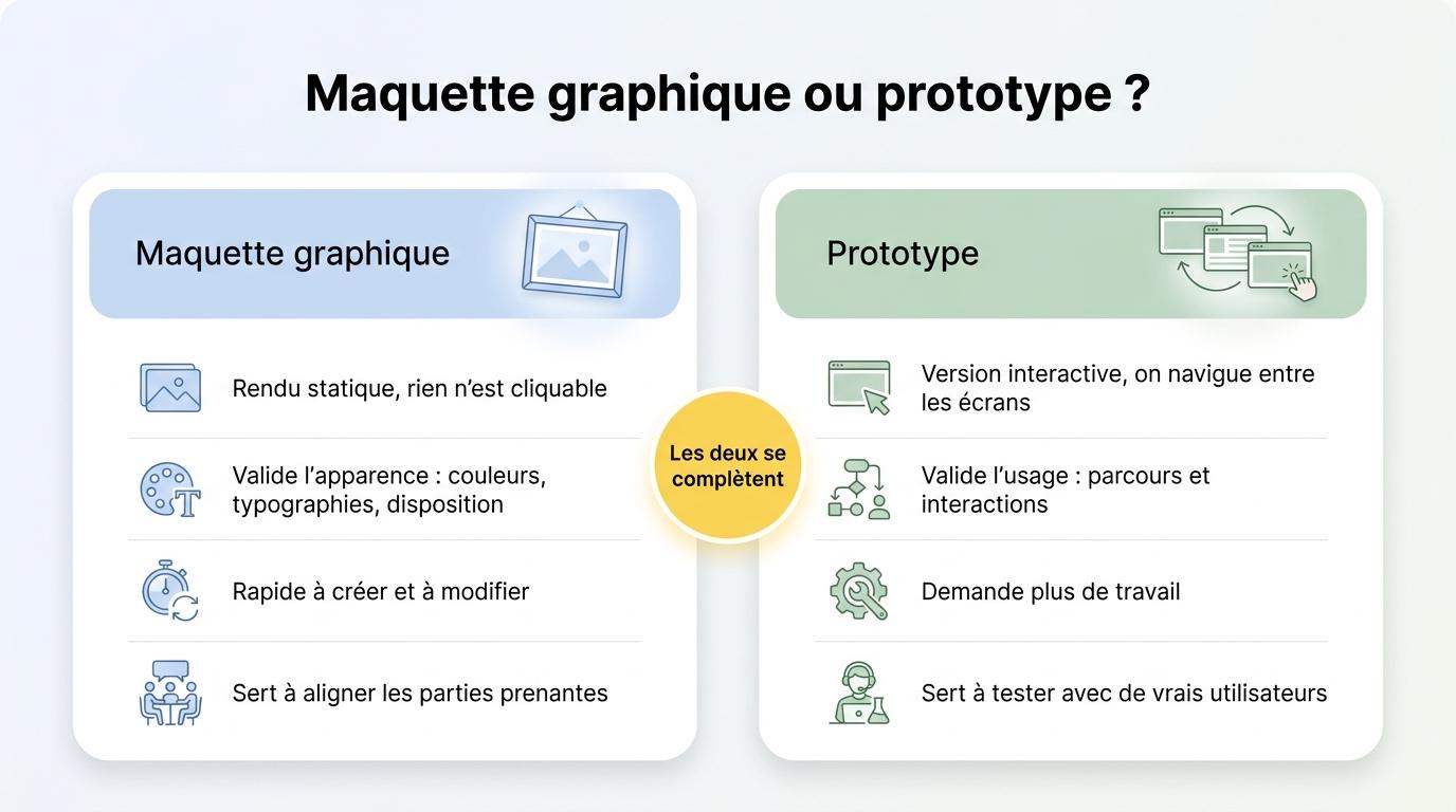 Comparatif maquette graphique et prototype : rendu statique contre version interactive, apparence contre usage