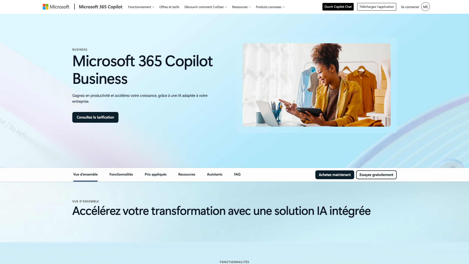 Capture d’écran de la page Microsoft 365 Copilot Business