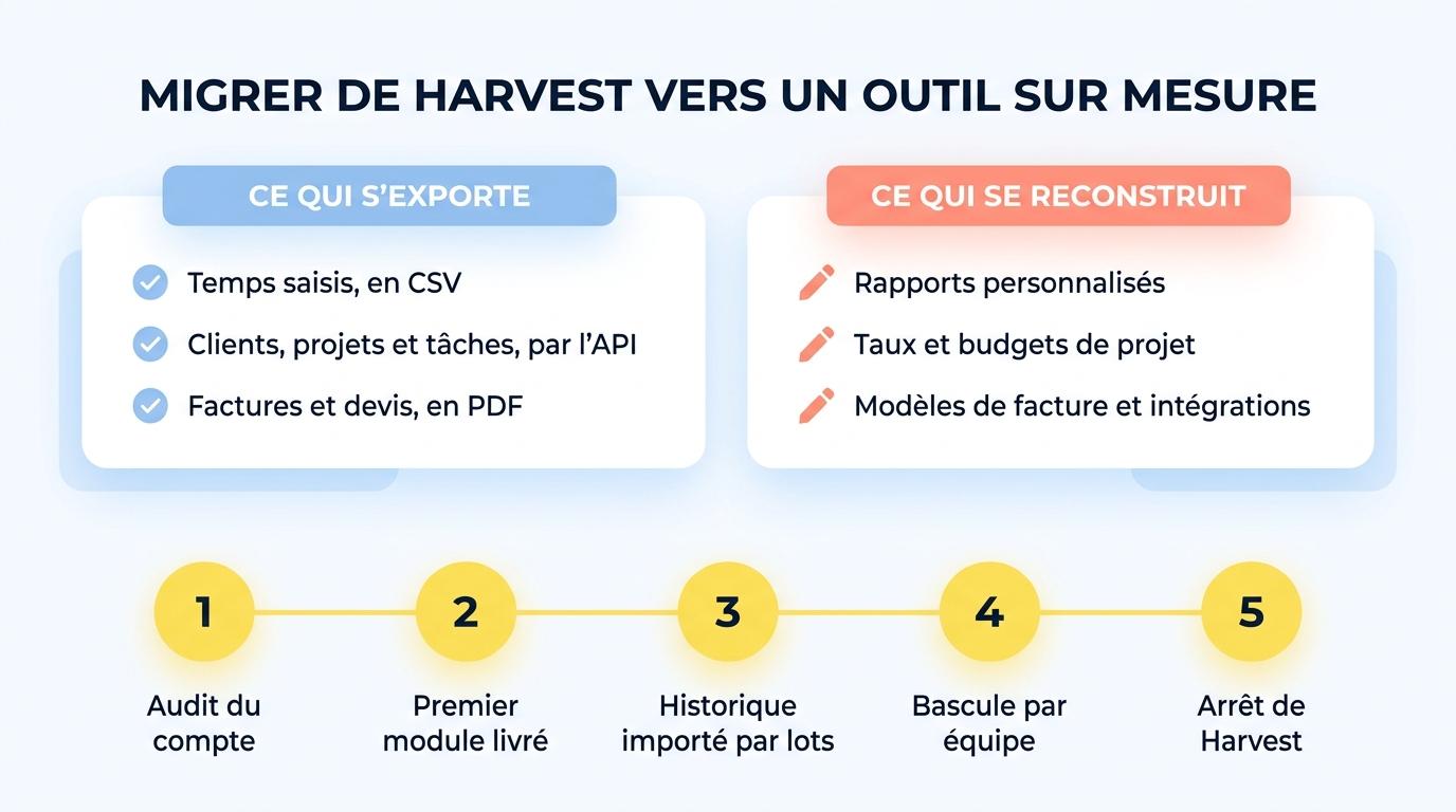 Migration de Harvest vers un outil sur mesure : ce qui s’exporte, ce qui se reconstruit et les cinq étapes de la bascule