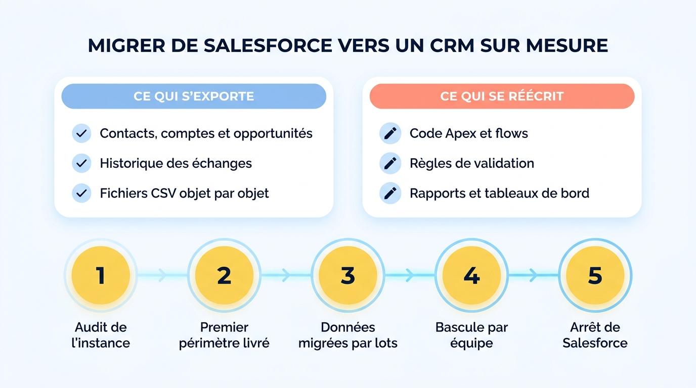 Migration de Salesforce vers un CRM sur mesure : ce qui s’exporte, ce qui se réécrit et les étapes de la bascule