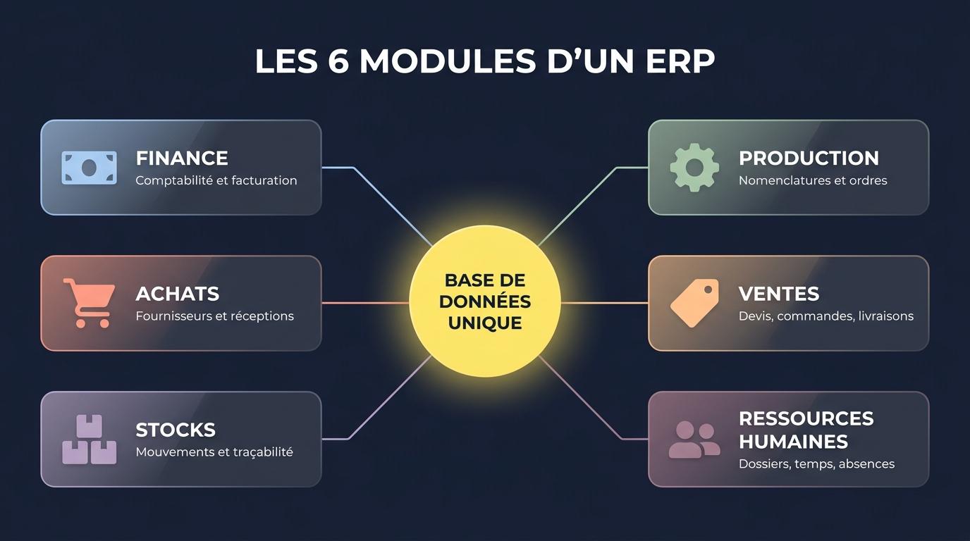 Les six modules d’un logiciel ERP autour d’une base de données unique