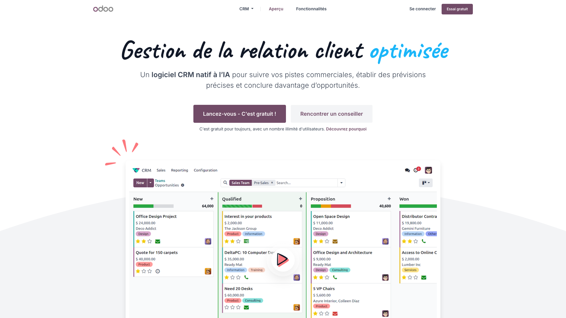 Capture d'écran de la page CRM d'Odoo