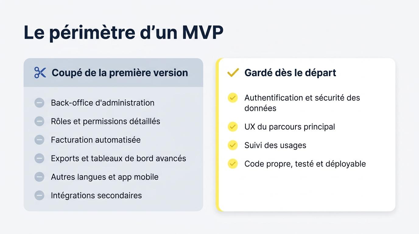 Périmètre d’un MVP selon Lonestone : six fonctionnalités coupées de la première version, quatre éléments gardés dès le départ