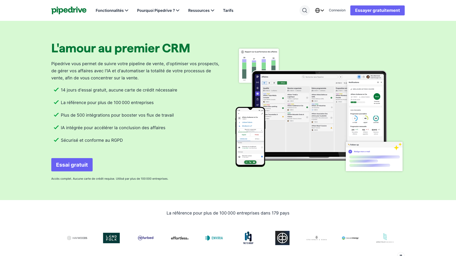 Capture d'écran de la home de Pipedrive