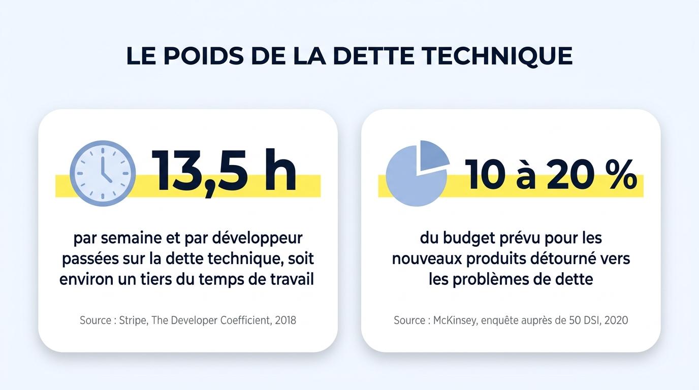 Le poids de la dette technique : 13,5 heures par semaine et par développeur selon Stripe, 10 à 20 % du budget des nouveaux produits selon McKinsey