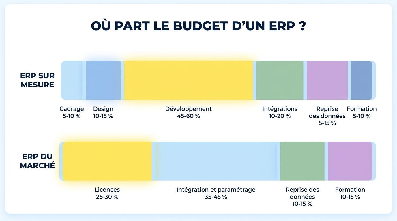 Répartition du budget d’un ERP sur mesure et d’un ERP du marché par poste de coût