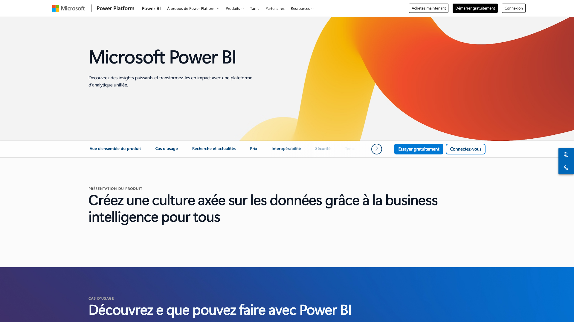 Capture d’écran de la page Power BI de Microsoft