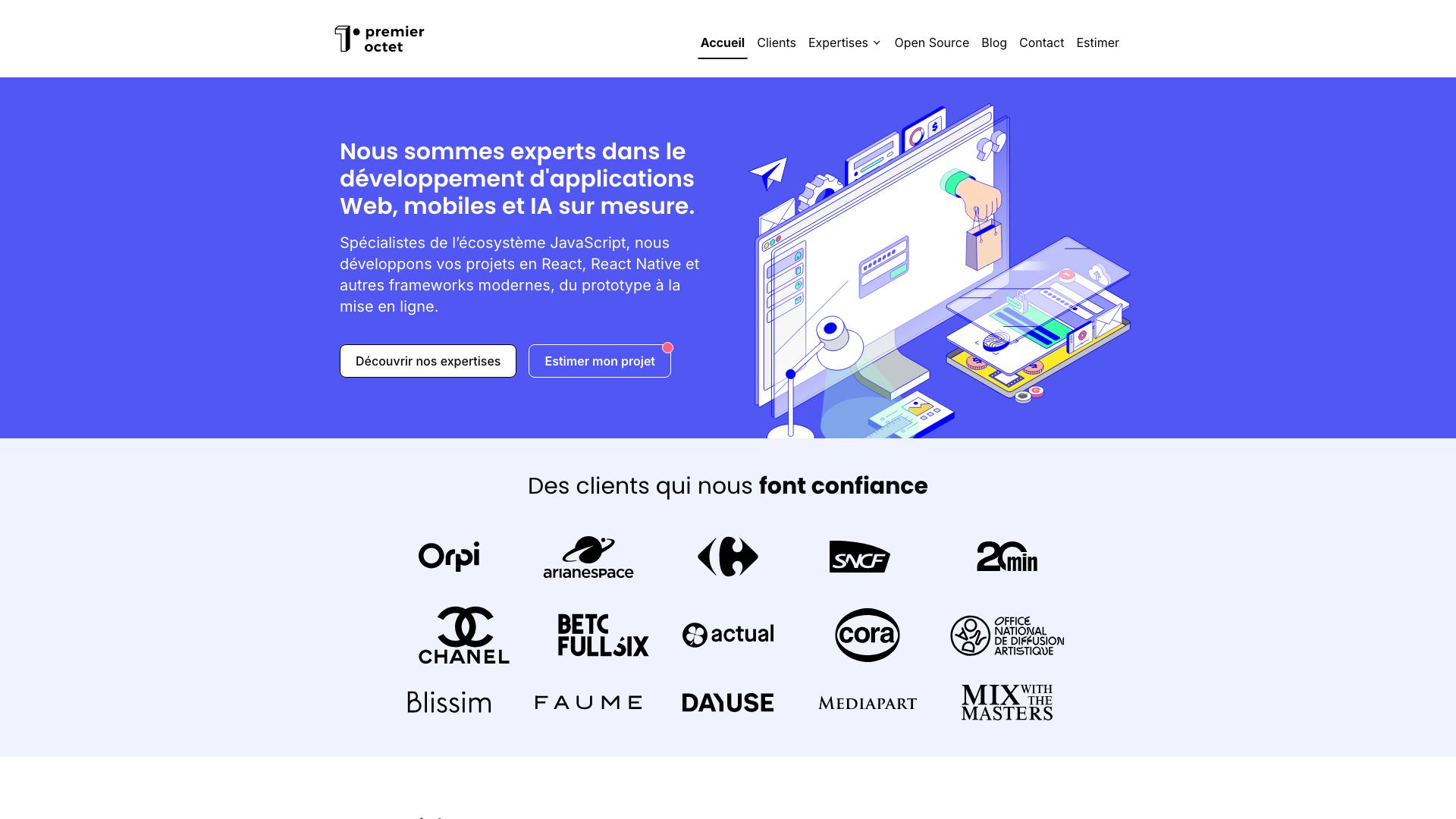 Capture d’écran de la home de Premier Octet